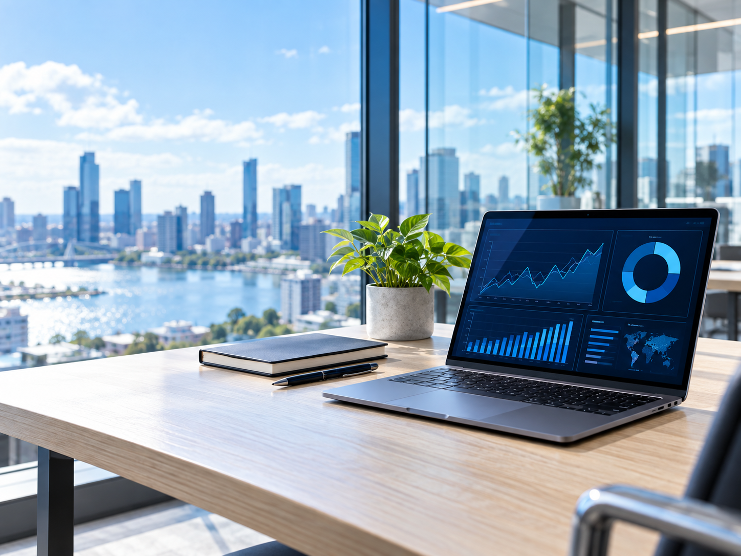 Illustration of a bright office workspace with a laptop showing software analytics