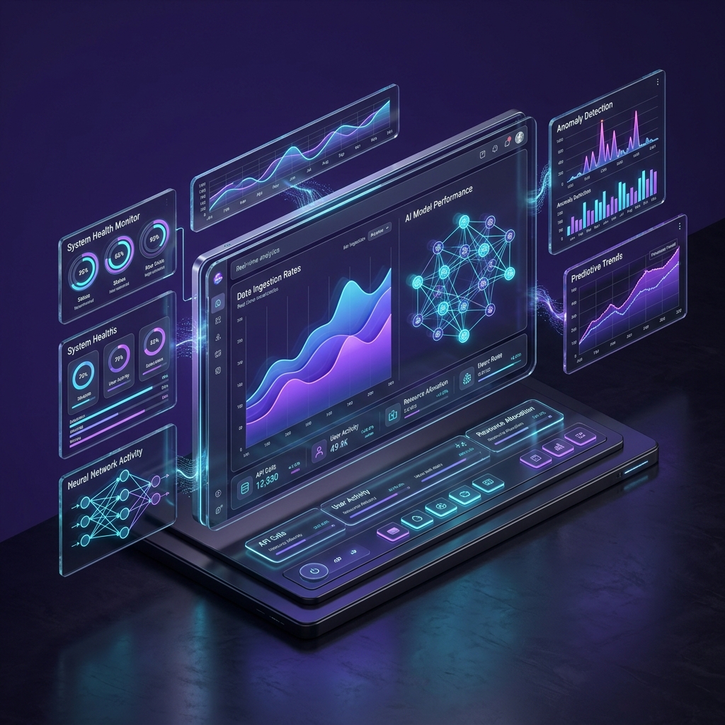 Enterprise software analytics platform displayed across connected dashboard screens